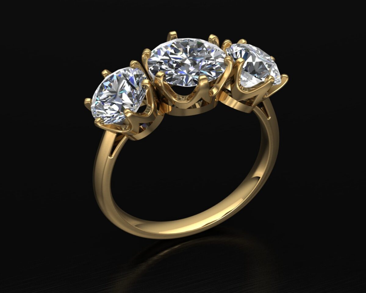 Custom Three Stone Diamond Ring CAD Design in Gold